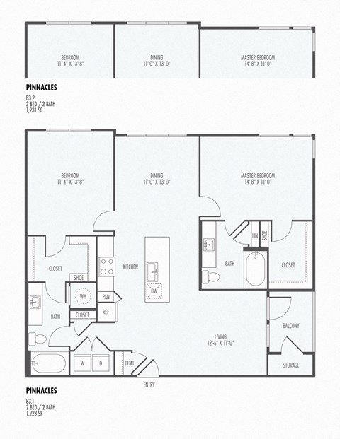 Floor plan for 2 beds, 2 baths, 1223 sqft